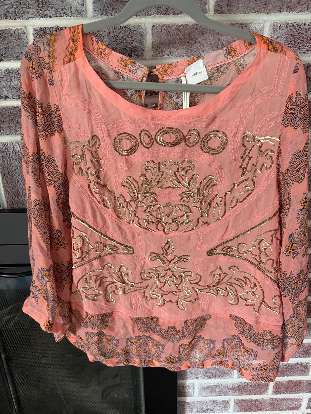 Anthropologie Coral Pink Embroidered Boho Blouse